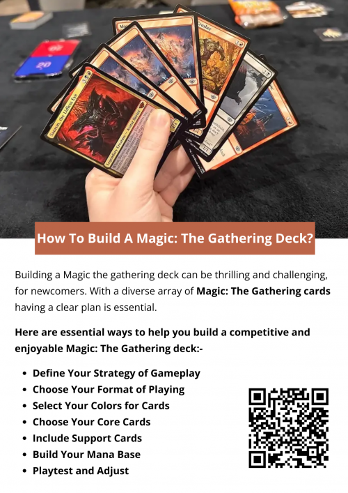 Building a Magic: The Gathering deck starts with choosing a format (like Standard or Commander) and defining a strategy. Pick a color or combination of colors that align with your playstyle whether it's aggressive (red), defensive (blue), or a mix. Aim for around 24 lands and 36 spells, which could be creatures, enchantments, or sorceries. Notable Magic: The Gathering cards include Black Lotus, Serra Angel, and Lightning Bolt. To know more visit here https://thecardvault.co.uk/collections/magic-the-gathering