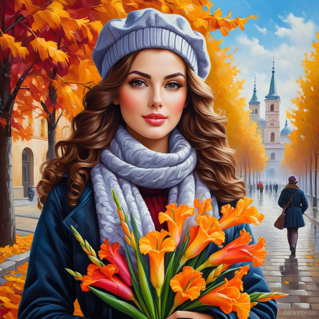 oil painting on canvas beautiful young woman with a bouquet of gladioli in her hands with curly br (