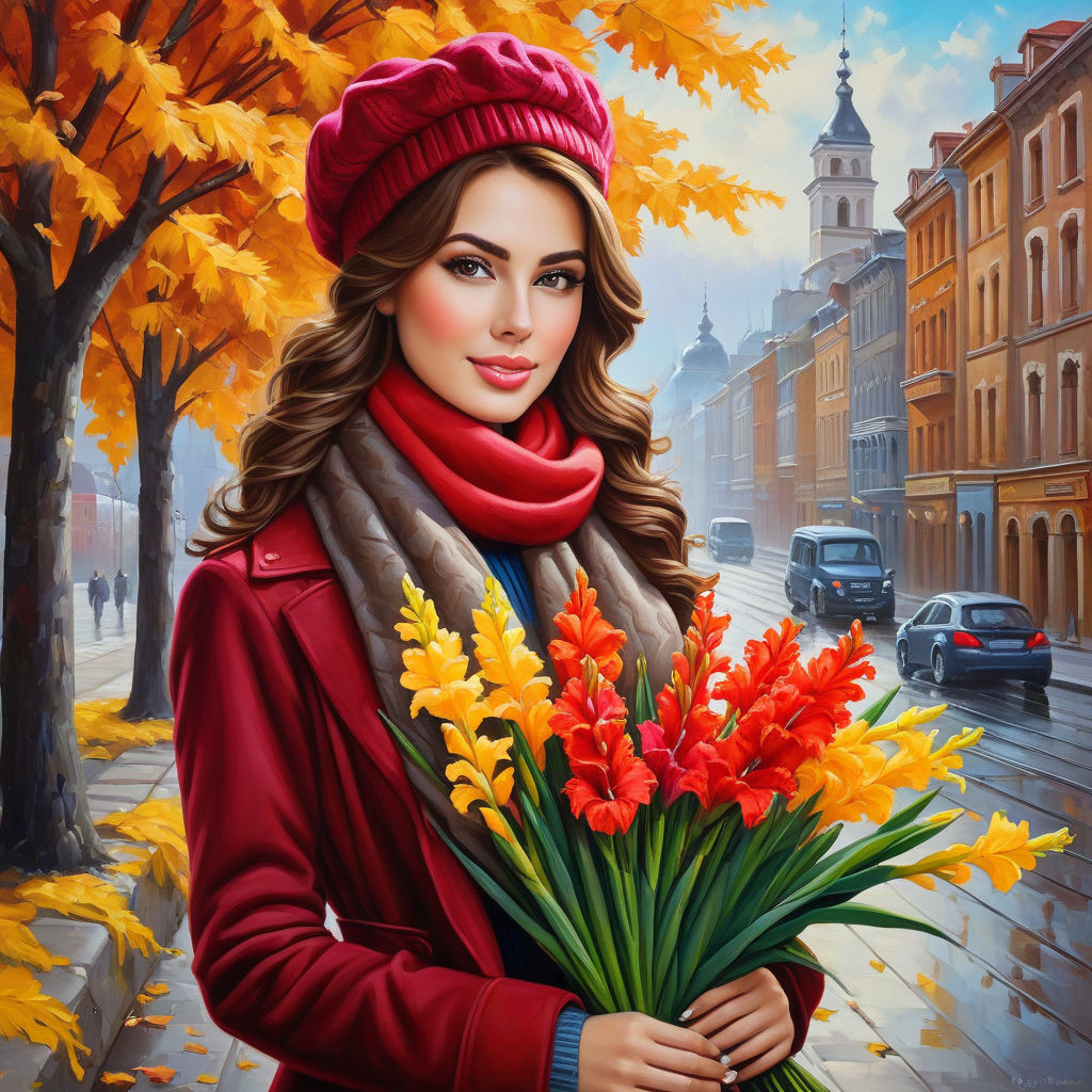 oil painting on canvas beautiful young woman with a bouquet of gladioli in her hands with curly br (