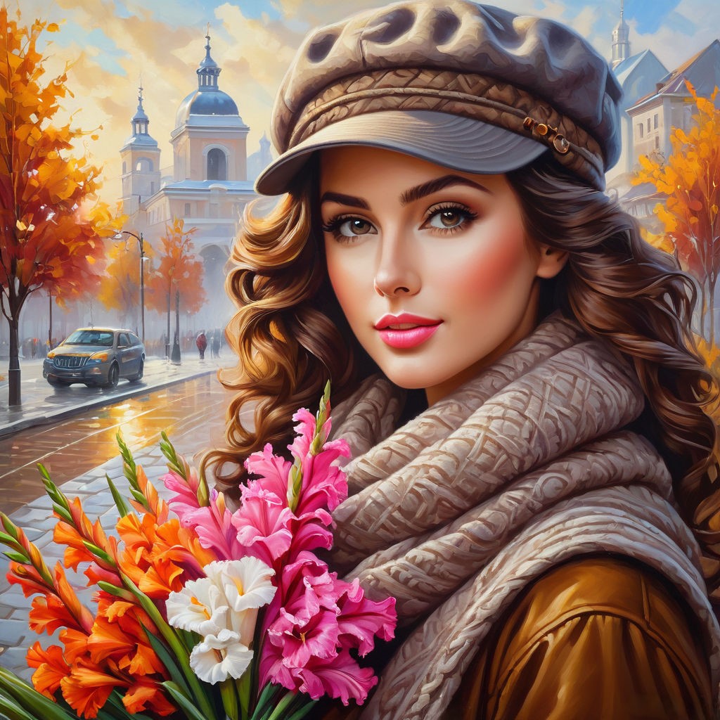 oil painting on canvas beautiful young woman with a bouquet of gladioli in her hands with curly br (