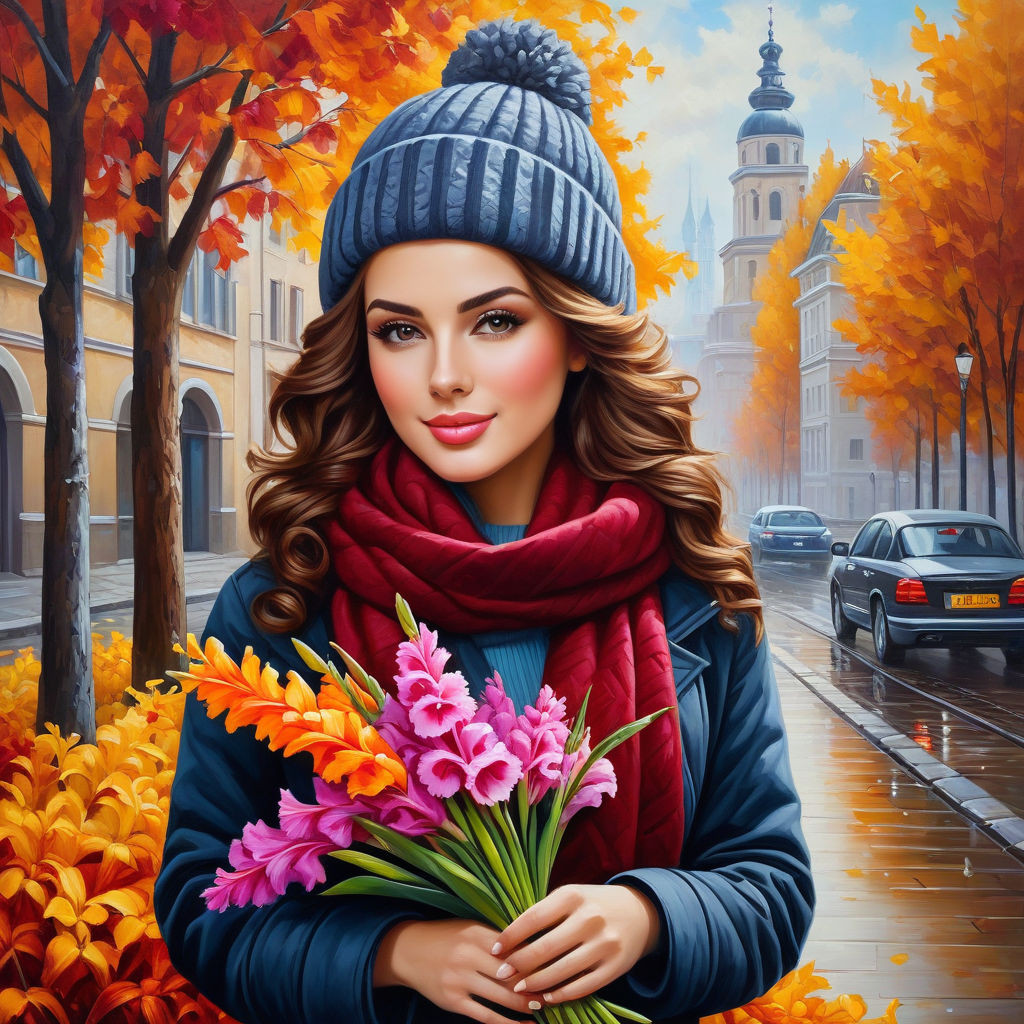 oil painting on canvas beautiful young woman with a bouquet of gladioli in her hands with curly br (