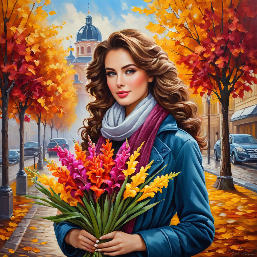 oil painting on canvas beautiful young woman with a bouquet of gladioli in her hands with curly br