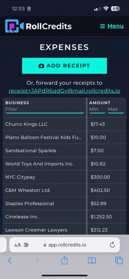 Animation of RollCredits parsing a photo of a receipt