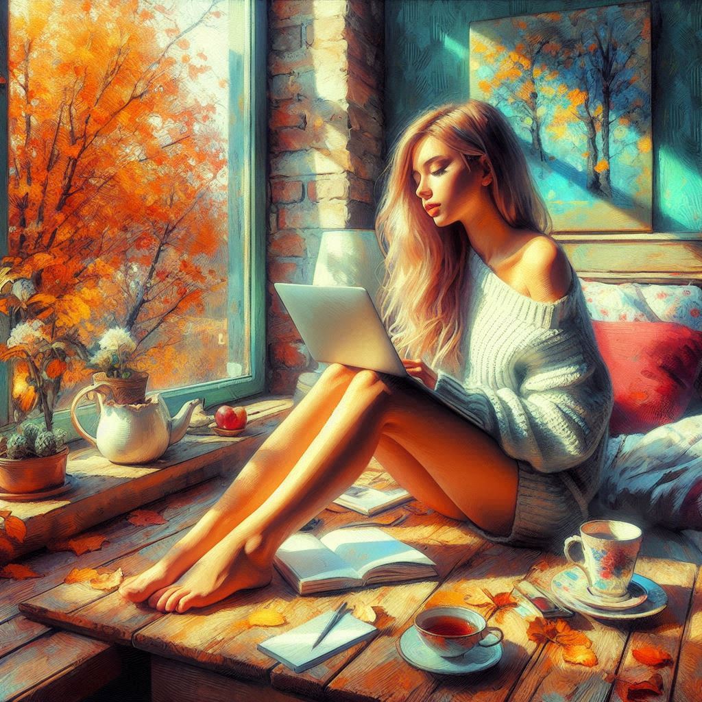 A digital painting in oil style depicting a random pose, an autumn day, a cozy room, a young beautif