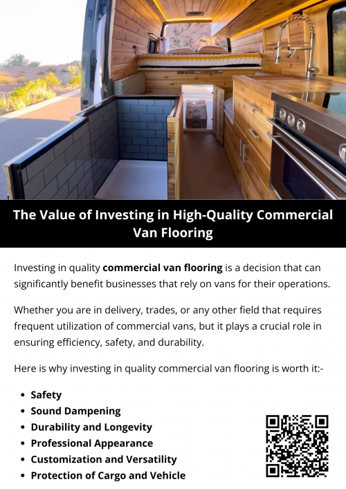 Investing in high-quality commercial van flooring offers long-term benefits for businesses by enhancing durability, safety, and efficiency. Sturdy flooring reduces wear and tear, protecting the van from damage caused by heavy equipment or frequent use. It also provides better traction, minimizing slips and accidents. Additionally, quality flooring is easier to clean and maintain, ultimately saving money on repairs and replacements. To know more visit here https://commercialvansolutions.com/floor-mats-vans/
