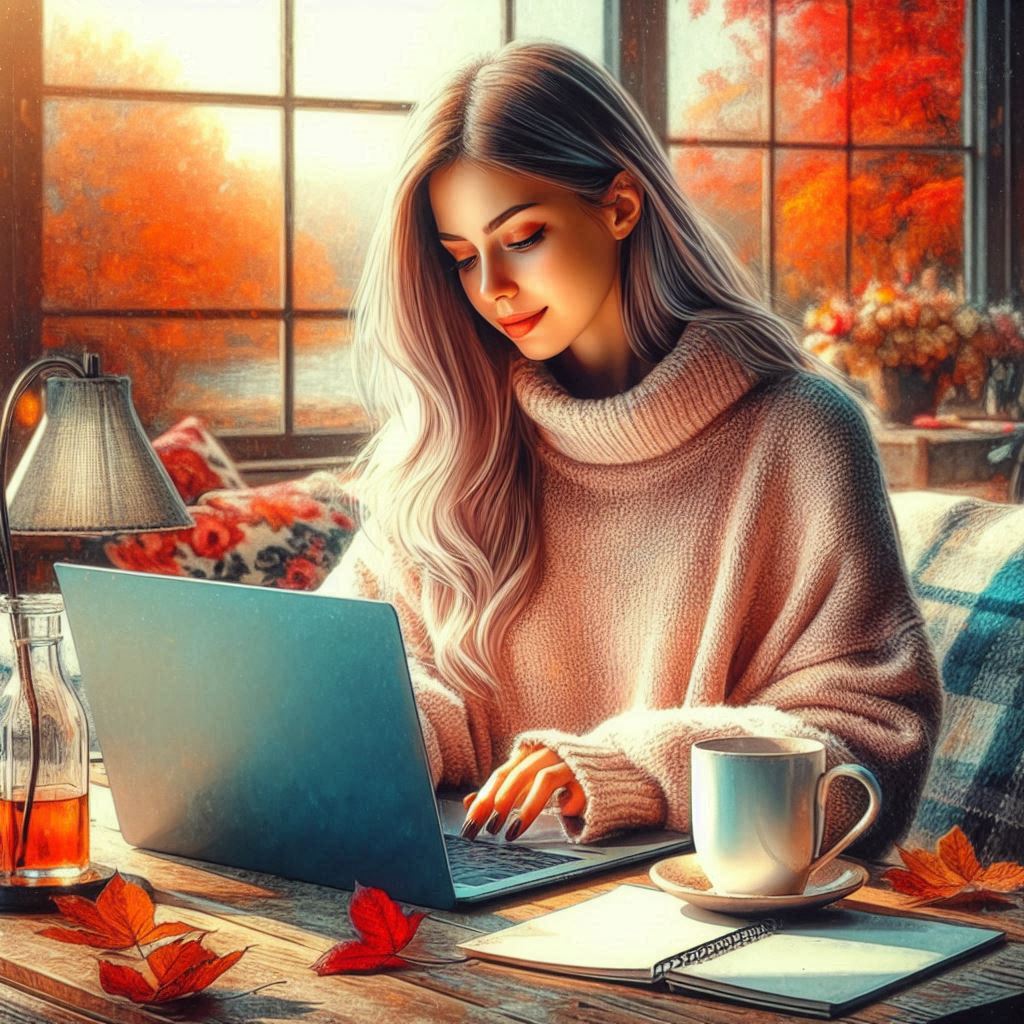 A digital oil painting of a young beautiful woman sitting at a laptop in a cozy room on an autumn da