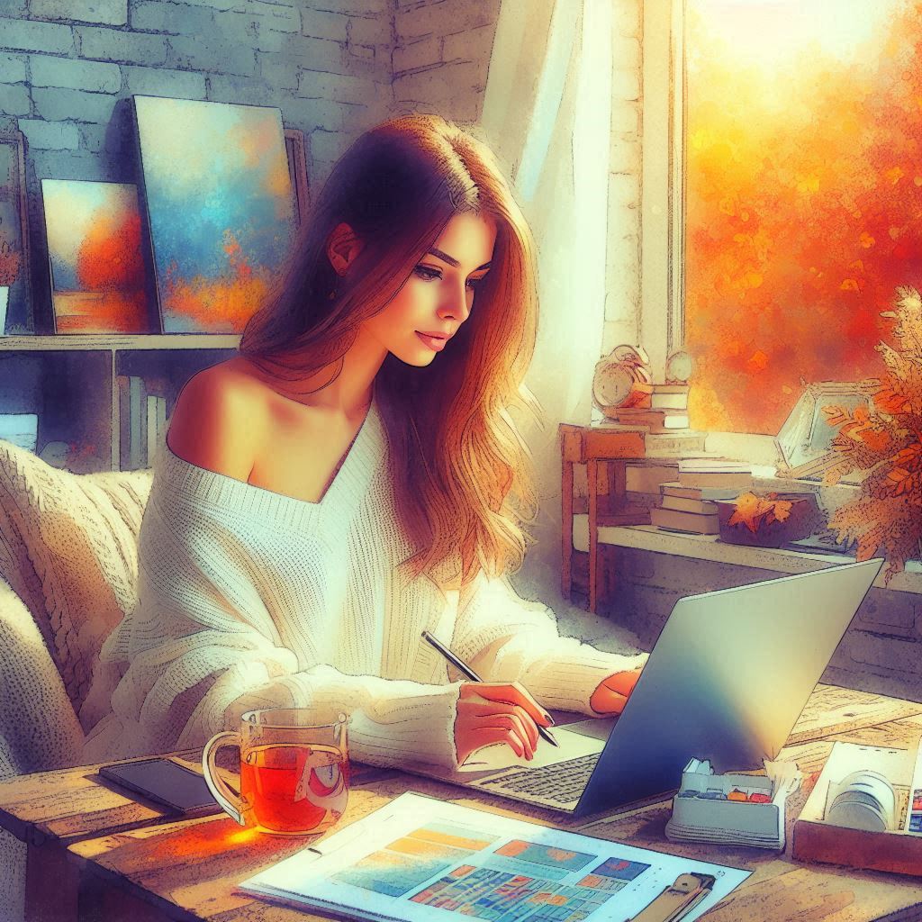 A digital oil painting of a young beautiful woman sitting at a laptop in a cozy room on an autumn da