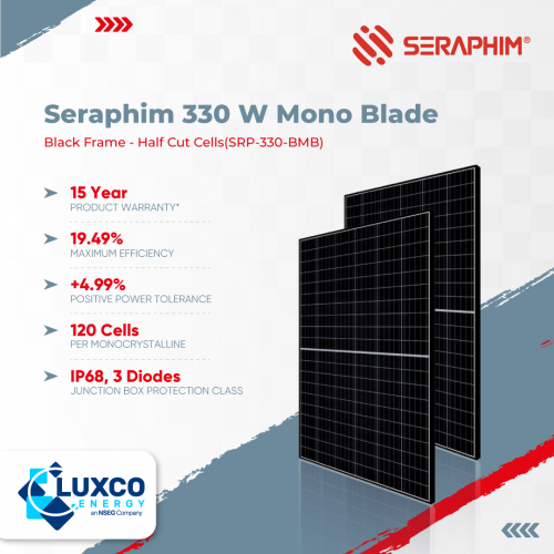 Seraphim 330 W Mono Blade Black Frame - Half cut cells(SRP-330-BMB) solar panel

1. 15 Year Product Warranty
2. 19.49% Maximum Efficiency
3. +4.99% Positive Power Tolerance
4. 120 Cells Per Monocrystalline
5. IP68, 3 Diodes Junction Box Protection Class

Visit our site: https://www.luxcoenergy.com.au/wholesale-solar-panels/seraphim/