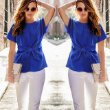 Short-Sleeve-Women-Fashion-Blue-Round-Neck-Chiffon-Shirt-WC-11BL