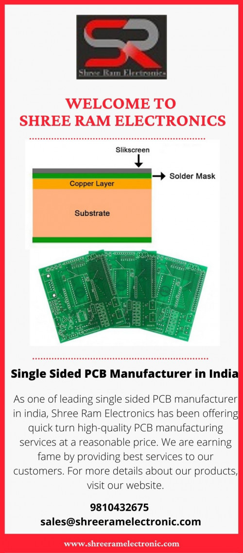 As one of leading single sided PCB manufacturer in india, Shree Ram Electronics has been offering quick turn high-quality PCB manufacturing services at a reasonable price. We are earning fame by providing best services to our customers. For more details about our products, visit our website.
https://www.shreeramelectronic.com/single%20side%20pcb.html