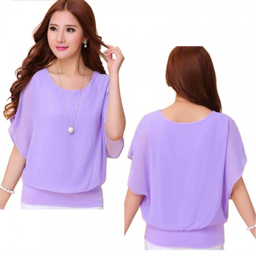 Summer Short Sleeve Round-Neck Purple Chiffon Shirt for Women WC-149PR