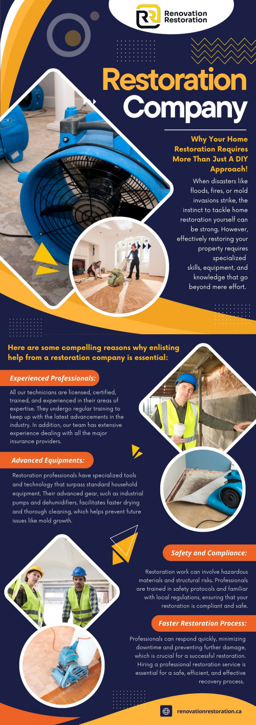 Finally, hiring a professional restoration company gives you peace of mind. Knowing that experienced experts are handling the restoration allows you to focus on other aspects of recovery, whether it's your family, business, or personal well-being.

Official Website: https://renovationrestoration.ca

Contact : Renovation Restoration Inc
Telephone: 416-904-3131
Address: 3080 Yonge St, Toronto, ON M4N 3N1

Find Us On Google Map: https://maps.app.goo.gl/FdepGhGHiVyqRbRQA

Our Profile: https://gifyu.com/lobbyrenovation

Next Info-Graphics: https://v.gd/5AXdAP