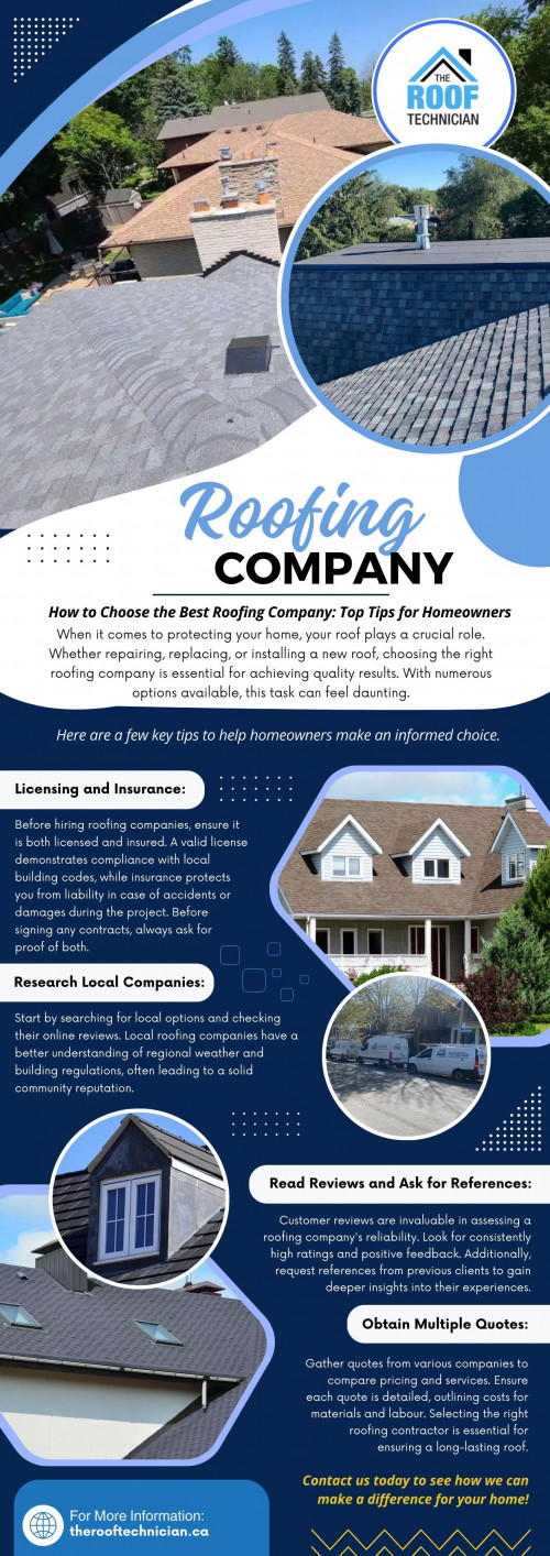 Whether repairing, replacing, or installing a new roof, hiring the right roofing company is crucial to ensuring a job well done. With a multitude of options at hand, selecting the right one can feel quite overwhelming.

Official Website: https://therooftechnician.ca/
Find us on Google Map: https://maps.app.goo.gl/6sBSffpLP8je9mUd6

Address: 3891 Chesswood Dr, North York, ON M3J 2R8, Canada
Tell: +14168260040