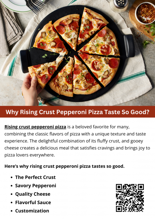 Rising crust pepperoni pizza is beloved for its perfect combination of textures and flavors. The thick, airy crust provides a satisfying chew, while the golden-brown exterior adds a delightful crunch. Topped with savory tomato sauce, melted cheese, and spicy pepperoni, each bite delivers a burst of flavor. The harmonious blend of ingredients and the comforting warmth make rising crust pepperoni pizza a go-to choice for pizza lovers. To know more visit here https://cravnflavor.com/product/pepperoni-rising-crust-pizza/