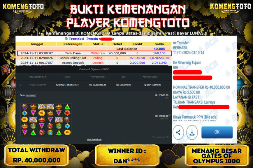 LAGI & LAGI!! KEMENANGAN BESAR DI SLOT  GATES OF OLYMPUS 1000  SEBESAR Rp.40.000.000 KOMENGTOTO BAYAR LUNAS SECEPAT KILAT !! KOMENGTOTO BAYAR SECEPAT KILAT !!