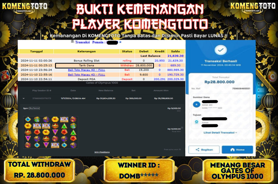 LAGI & LAGI!! KEMENANGAN BESAR DI SLOT  GATES OF OLYMPUS 1000  SEBESAR Rp.28.800.000 KOMENGTOTO BAYAR LUNAS SECEPAT KILAT !! KOMENGTOTO BAYAR SECEPAT KILAT !!