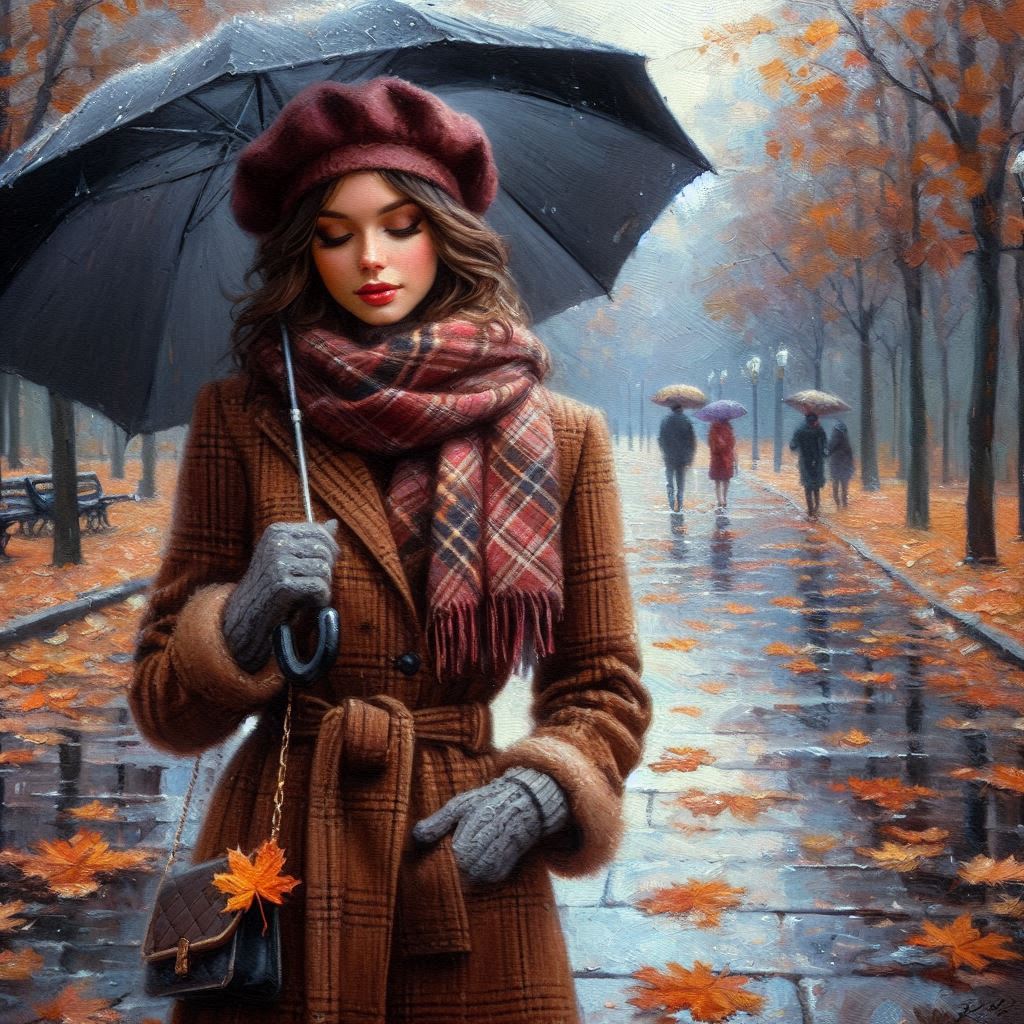 Late autumn, November, oil painting, beautiful young woman in a brown coat, warm plaid scarf, beret,