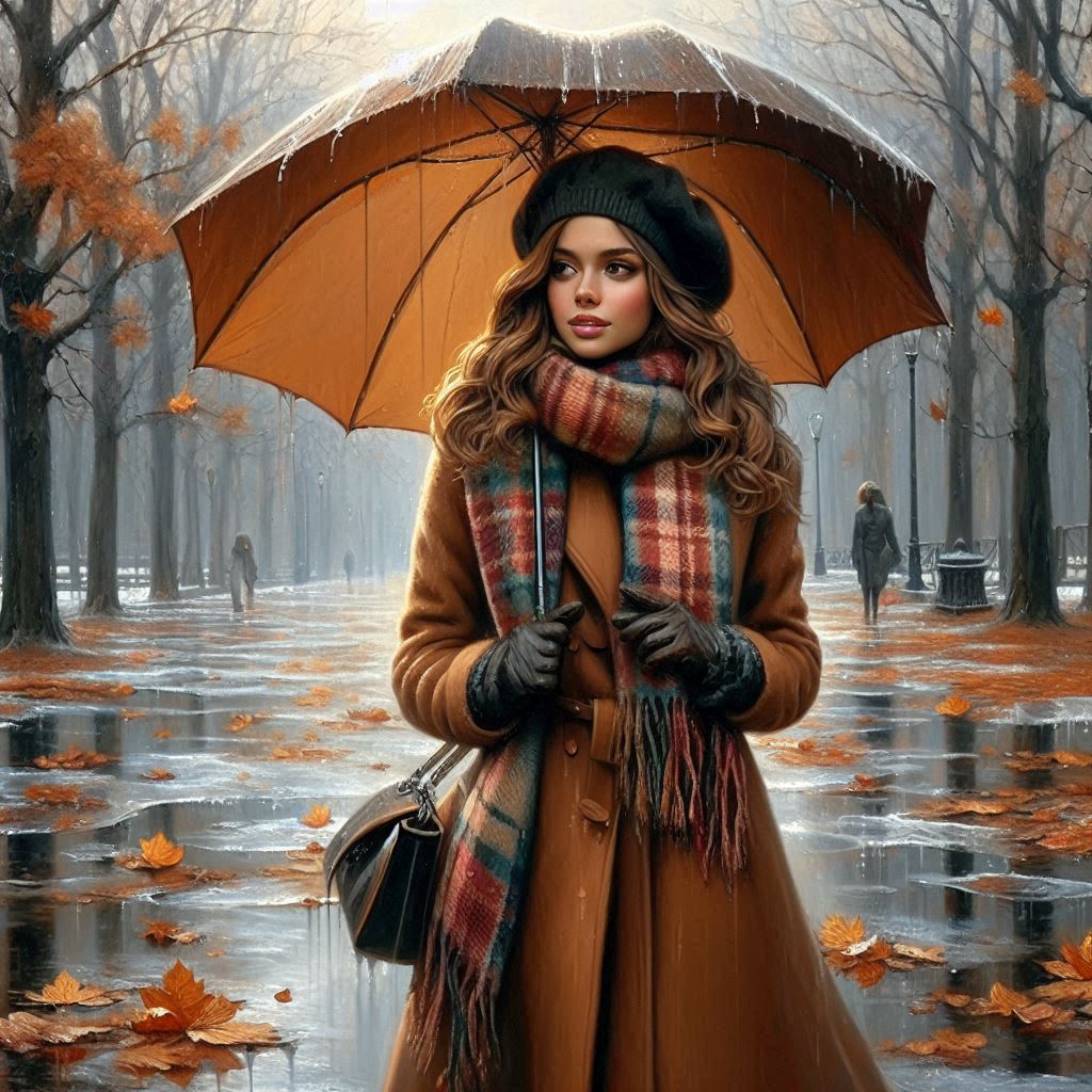 Late autumn, November, oil painting, beautiful young woman in a brown coat, warm plaid scarf, beret,