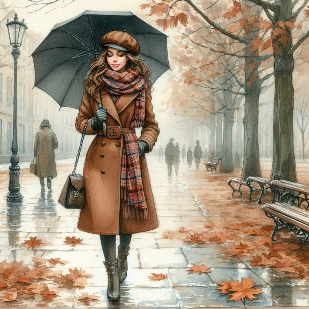 Late autumn, November, watercolor, beautiful young woman in a brown coat, warm plaid scarf, beret, g