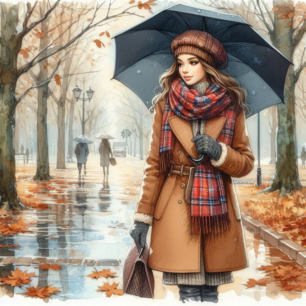 Late autumn, November, watercolor, beautiful young woman in a brown coat, warm plaid scarf, beret, g