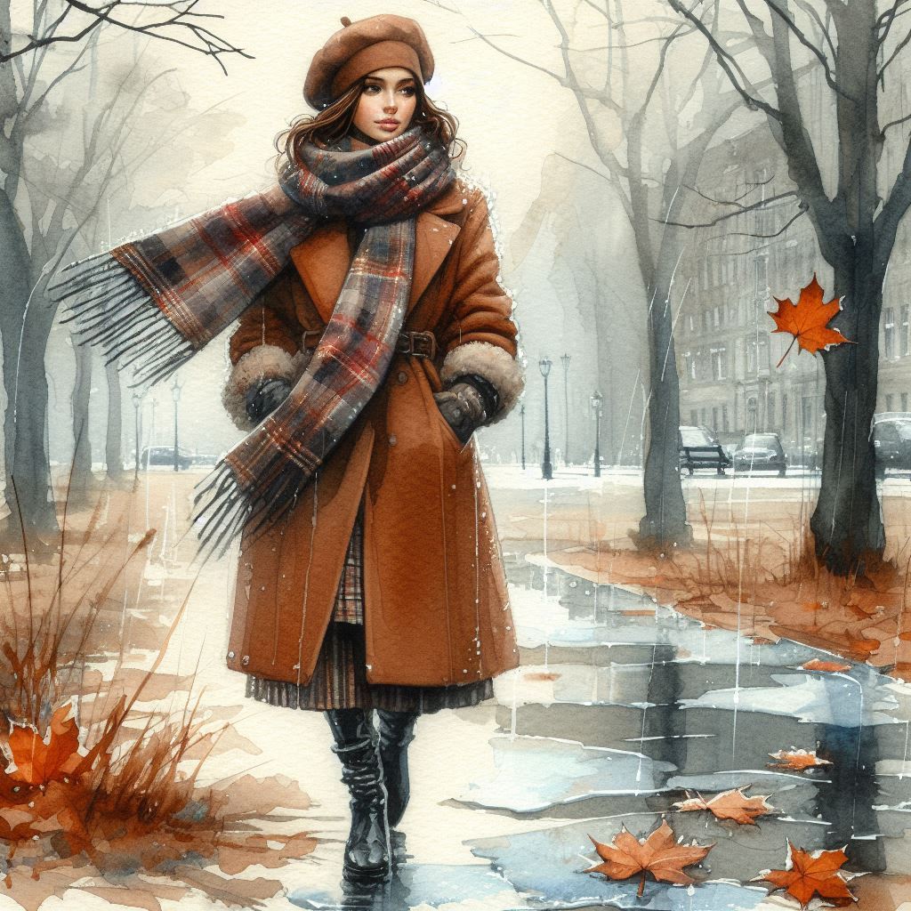 Late autumn, November, watercolor, beautiful young woman in a brown coat, warm plaid scarf, beret, g