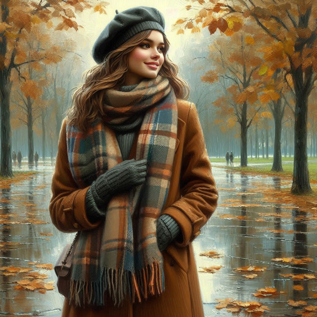 Late autumn, November, oil painting, beautiful young woman in a brown coat, warm plaid scarf, beret,