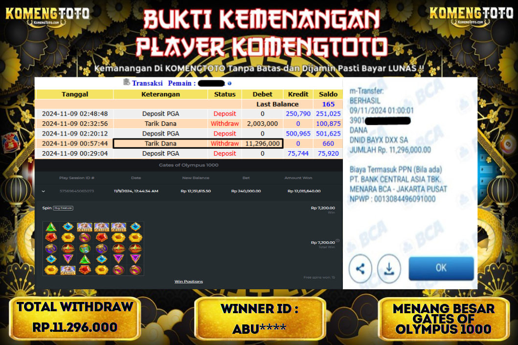 LAGI & LAGI!! KEMENANGAN BESAR DI SLOT  GATES OF OLYMPUS 1000  SEBESAR Rp.11.296.000 KOMENGTOTO BAYAR LUNAS SECEPAT KILAT !! KOMENGTOTO BAYAR SECEPAT KILAT !!