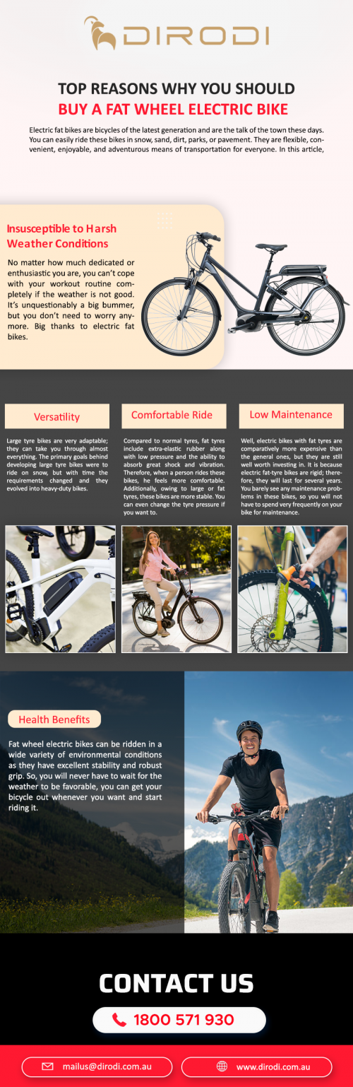 At DiroDi Electric Bikes in Melbourne, we offer a wide variety of electric bikes on-demand and with the best quality at affordable prices. We take care of after-sale services, including warranty and refund policy to make you feel completely stress-free and satisfied. For more informatio contact us at: https://www.dirodi.com.au/.