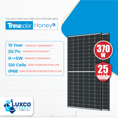 Trina Solar 370W PERC Mono MBB(TSM-370DD08M.08)

1. 15 Year Product Warranty
2. 20.7% Maximum Efficiency
3. 0~+5W Binning Tolerance
4.  120 Cells PERC Monocrystalline
5. IP68 Junction Box Protection Class

Visit our site: https://www.luxcoenergy.com.au/wholesale-solar-panels/trina/