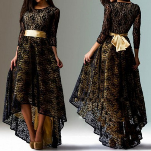 Women Black Lace Hem Asymmetric Maxi Dress WC-44BK