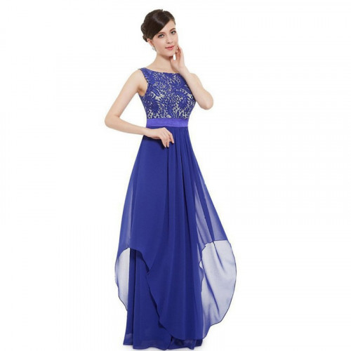 Women Blue Elegant Lace & Chiffon Long Maxi Evening Party Dress WC-121BL