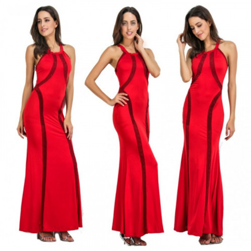 Women Body Tight Geometric Stitching Sexy Red Color Party Dress WC-80RD