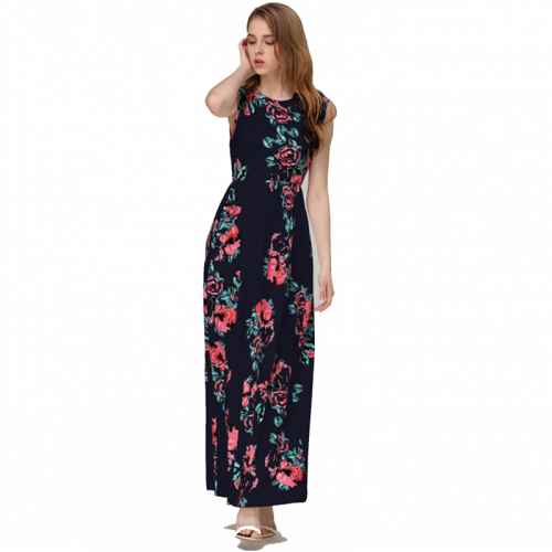 Women Fashion Black Color Digital Printing Sleeveless Maxi Dress WC-45BK