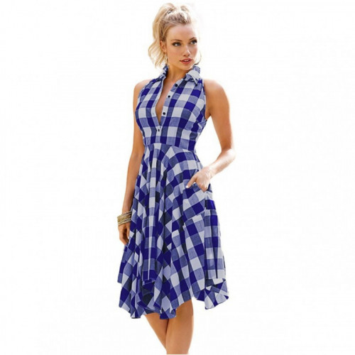 Women Fashion Blue Plaid Sleeveless Irregular Thin Coat Mini Dress WC-67BL