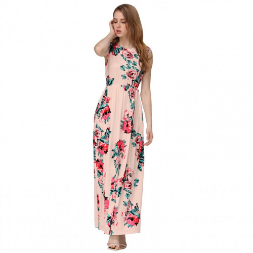 Women Fashion Pink Color Digital Printing Sleeveless Maxi Dress WC-45PK