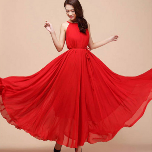 Women Fashion Red Color Beach Bohemian Elegant Chiffon Maxi Dress WC 43RD