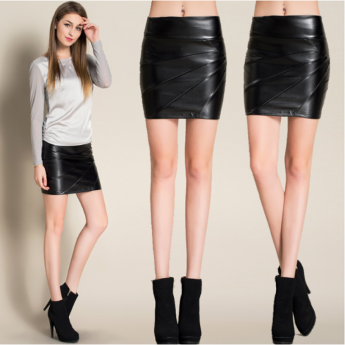 Women Fashion Sexy High Waist Leather Black Mini Skirt WC-94BK