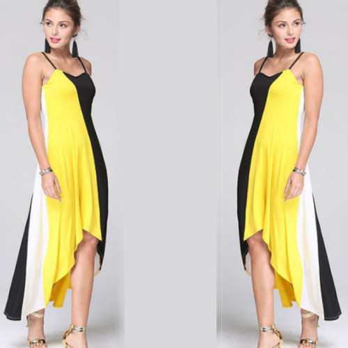 Women Fashion Yellow Color Large Stitching Striped Dress WC-51