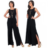 Women-Hot-Splicing-Wide-Pants-Black-Round-Neck-Rompers-Dress-WC-147BK