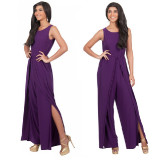 Women-Hot-Splicing-Wide-Pants-Purpal-Round-Neck-Rompers-Dress-WC-147PR