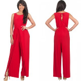 Women-Hot-Splicing-Wide-Pants-Red-Round-Neck-Rompers-Dress-WC-147RD