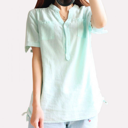 Women Light Green Cotton And Linen Short-sleeved Shirt WC-132LG