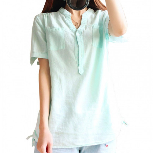 Women Light Green Cotton And Linen Short sleeved Shirt s9RX9rjBg4 800x800