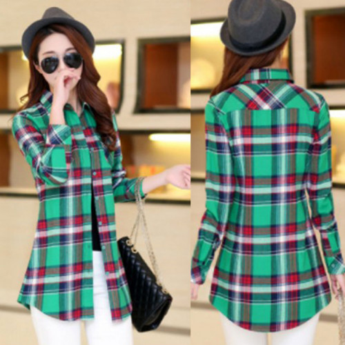 Women Long Paragraph Plaid And Linen Green Cotton Long Sleeve Casual Shirt WC-108