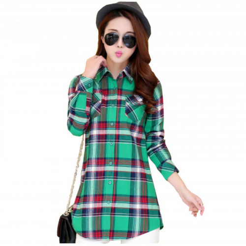 Women Long Paragraph Plaid And Linen Green Cotton Long Sleeve Casual Shirt WC-108