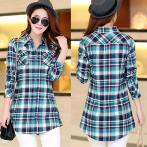 Women Long Paragraph Plaid Green and Blue Cotton Long Sleeve Casual Shirt WC-105