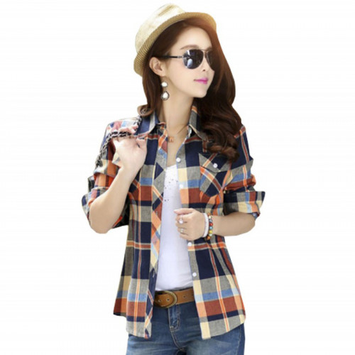 Women Paragraph Checkered Lines Brown Cotton Casual Shirt WC-113