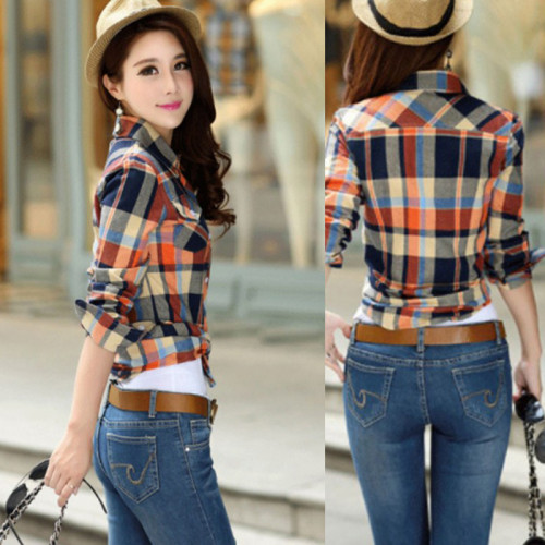 Women Paragraph Checkered Lines Brown Cotton Casual Shirt WC-113