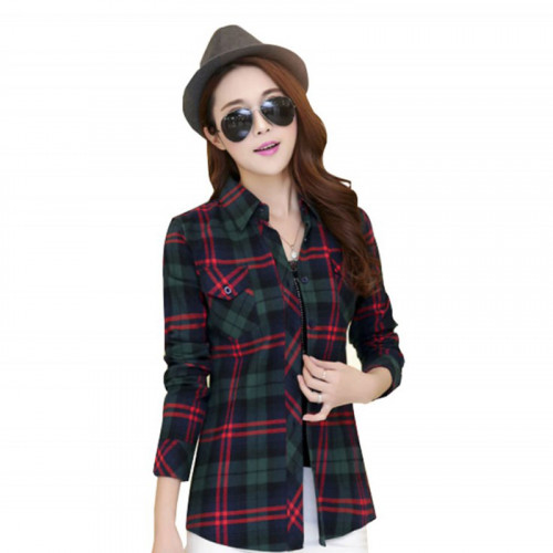 Women Paragraph Checkered Lines Green Cotton Casual Shirt WC-115