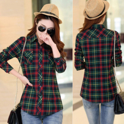 Women Paragraph Checkered Lines Green Cotton Casual Shirt WC 118